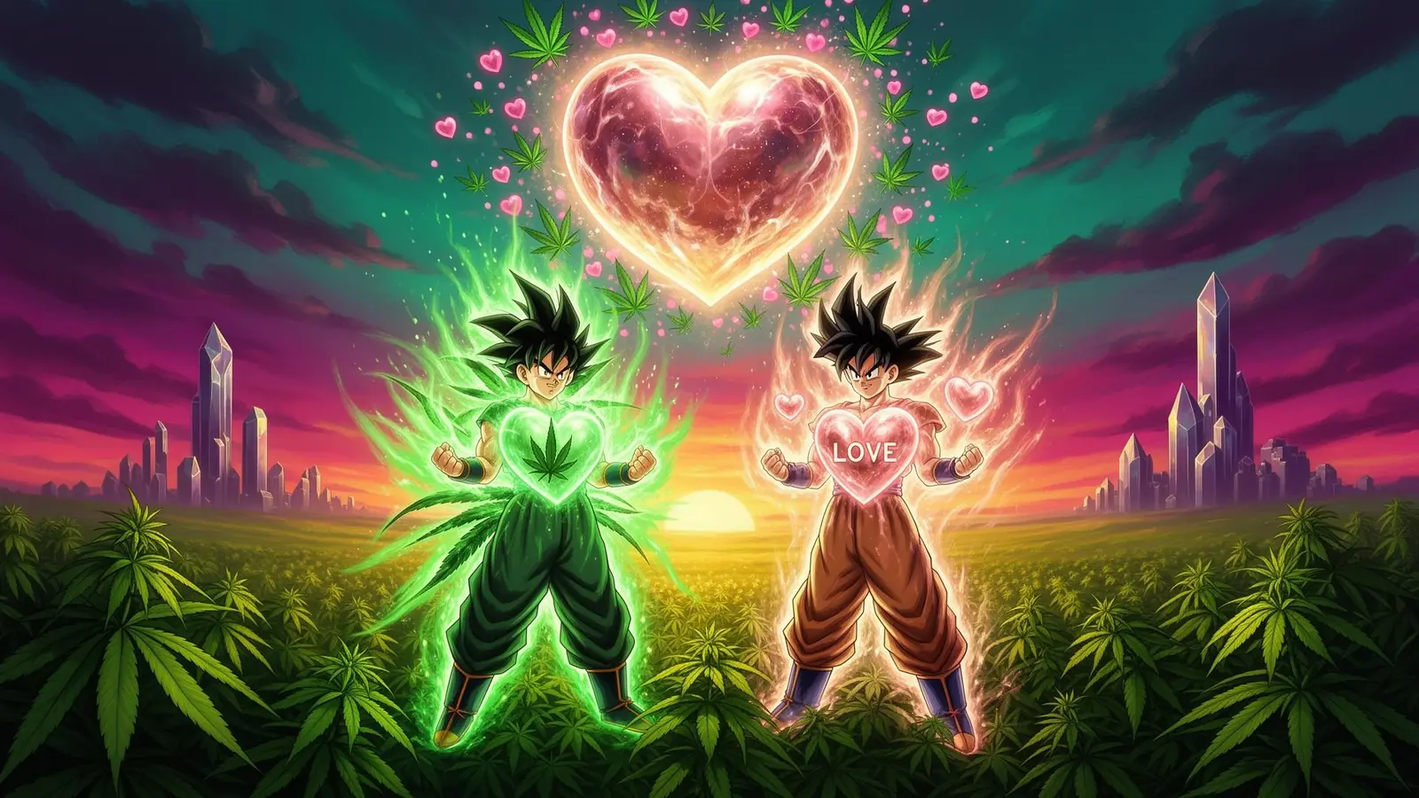 Hemp Warriors of LOVE — The Crypto Chronicle (AI hero koncept-art) Hemp Warriors of LOVE — The Crypto Chronicle: dva anime bojevnika v Dragon Ball-navdihnjenem slogu z emerald hemp-leaf auro in zlato-rožnato LOVE energijo, pred ogromnim svetlečim srcem nad konopljinim poljem ob sončnem zahodu. AI koncept-art za uradno LOVE Coin igro.