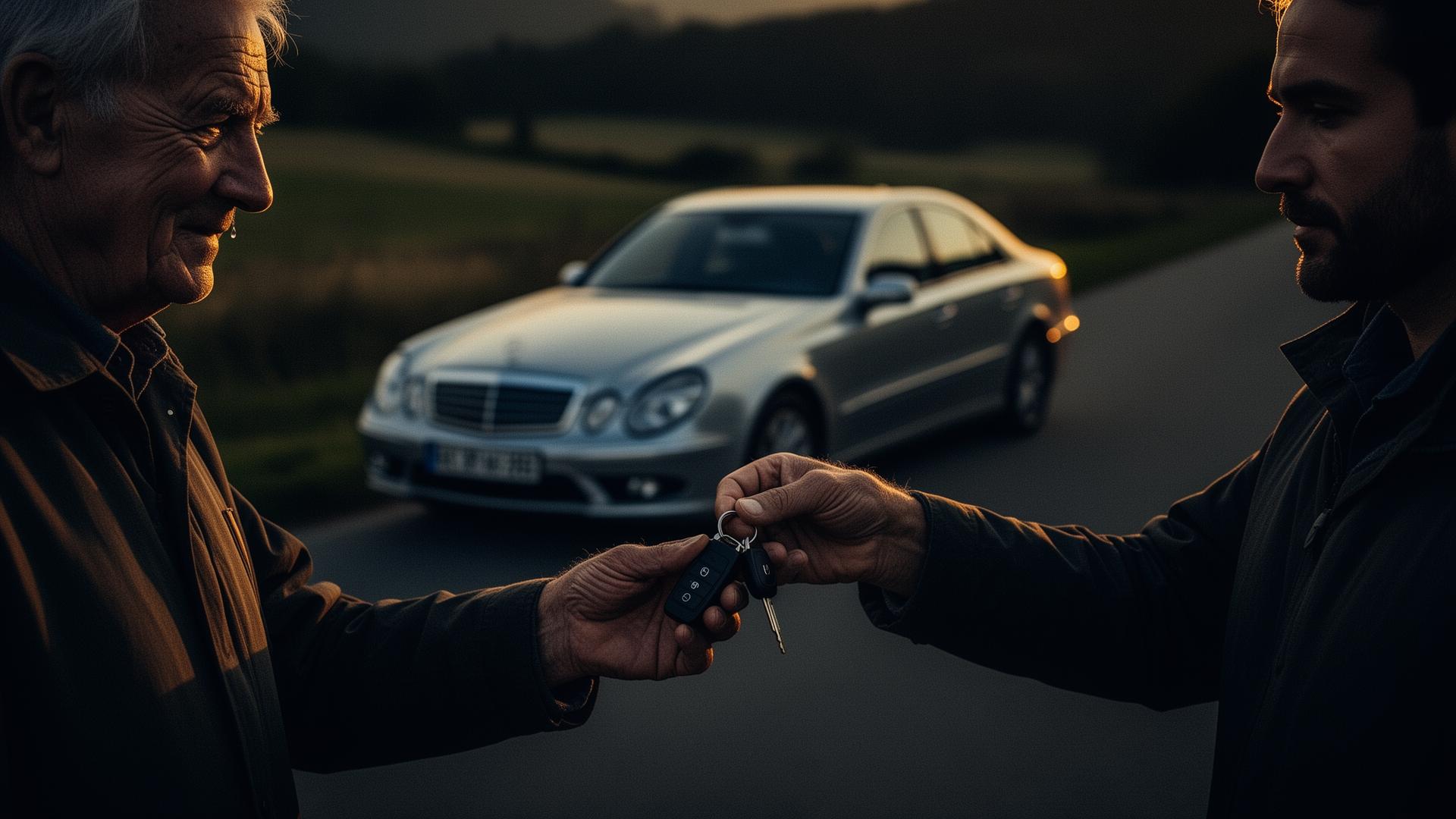Father handing the keys of his old Mercedes to his son at golden hour